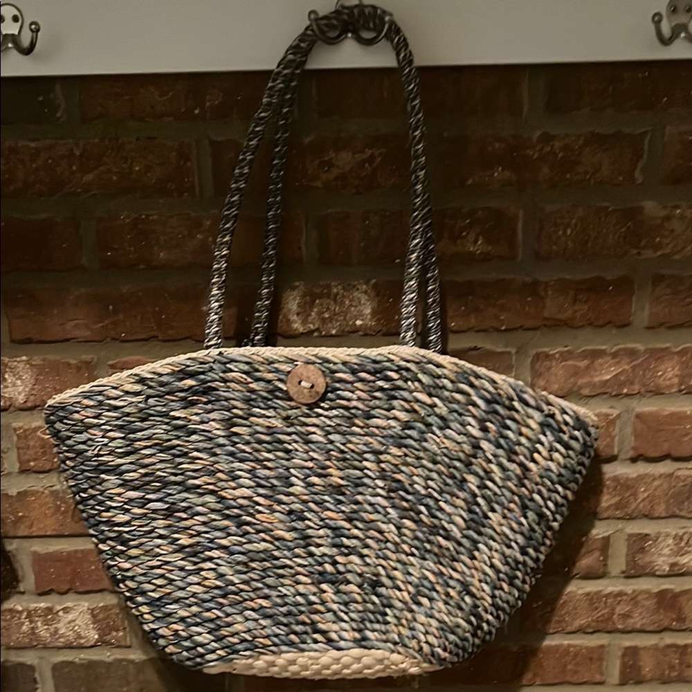 Coldwater Creek Blue and Tan Woven Tote with Crescent Shape